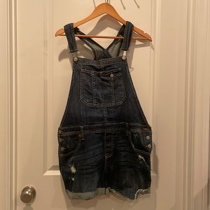 Bethany Mota Dark Wash Distressed Short Overalls